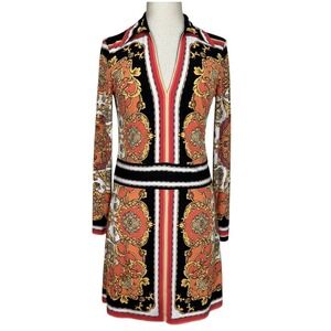 Vtg Y2K Cache Dress Womens M Multicolor Baroque Jersey Long Sleeve Sheath Mini